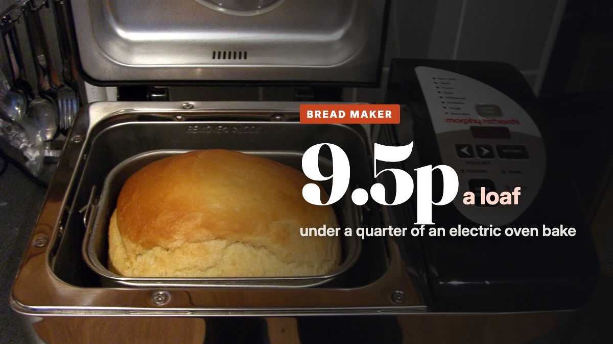 An open bread maker with a freshly baked loaf in its tin on a kitchen worktop