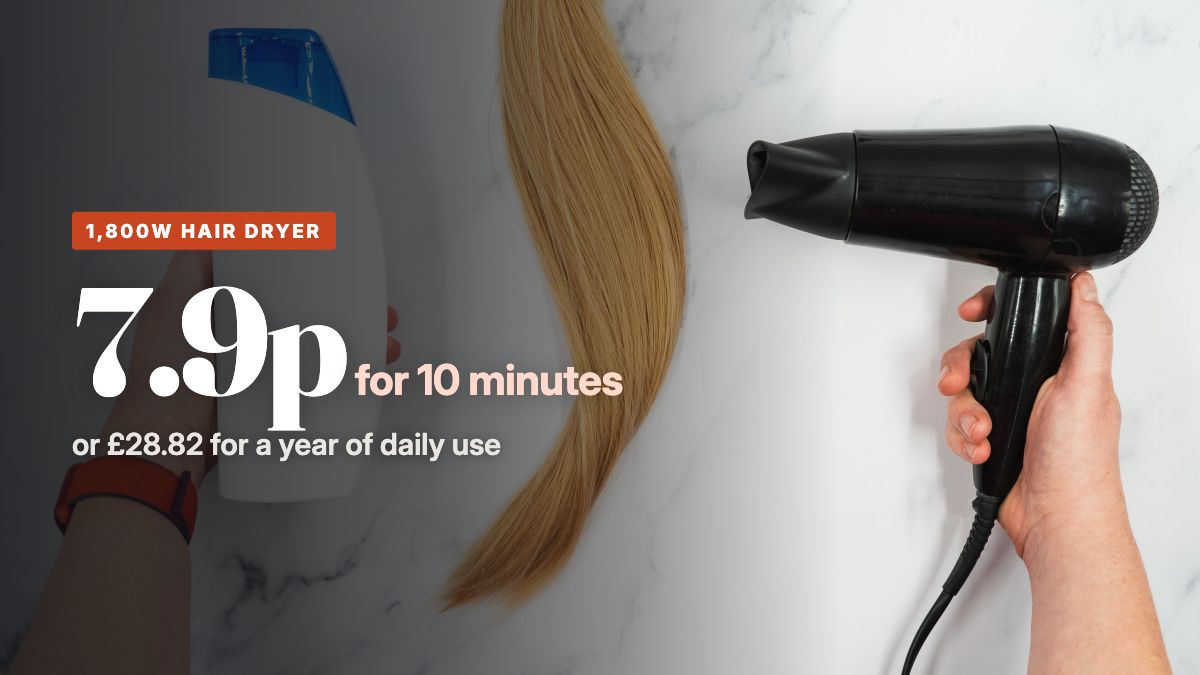 A black hair dryer beside a lock of hair on a white marble surface