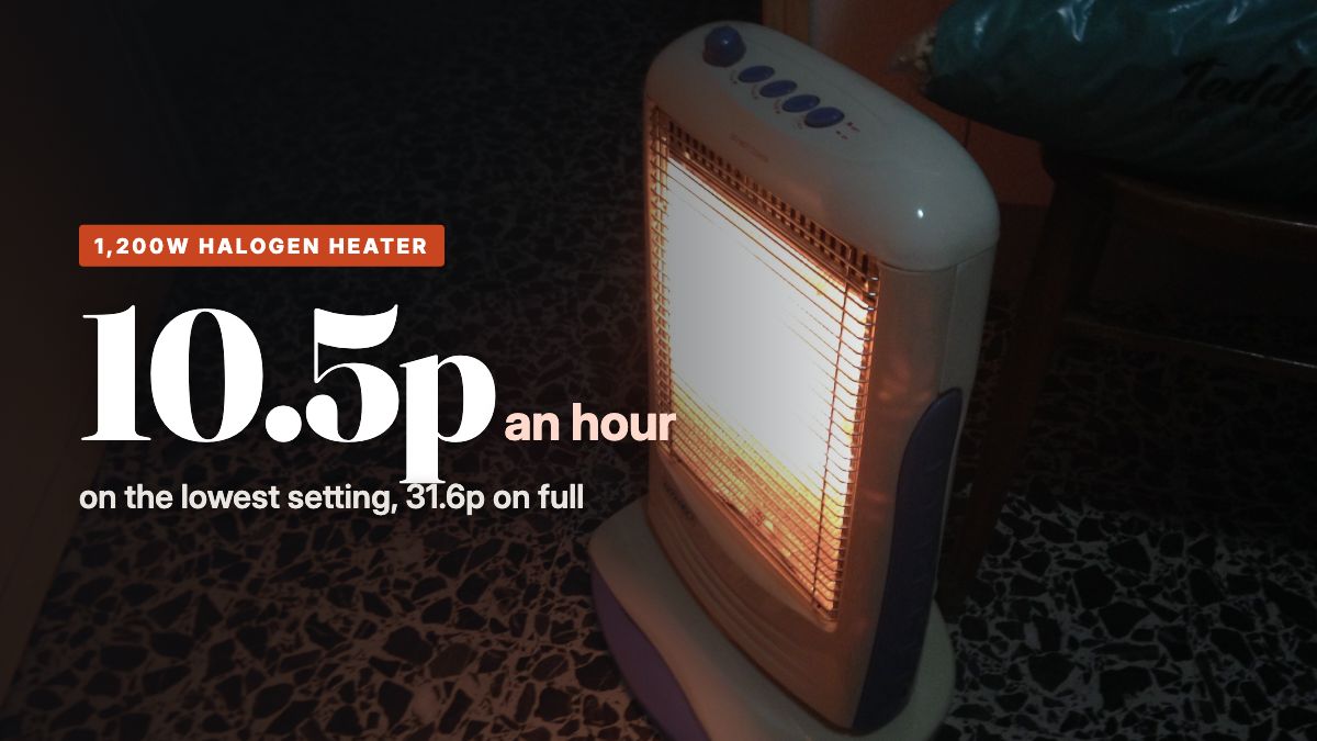 A halogen heater glowing on a speckled floor in a dim room