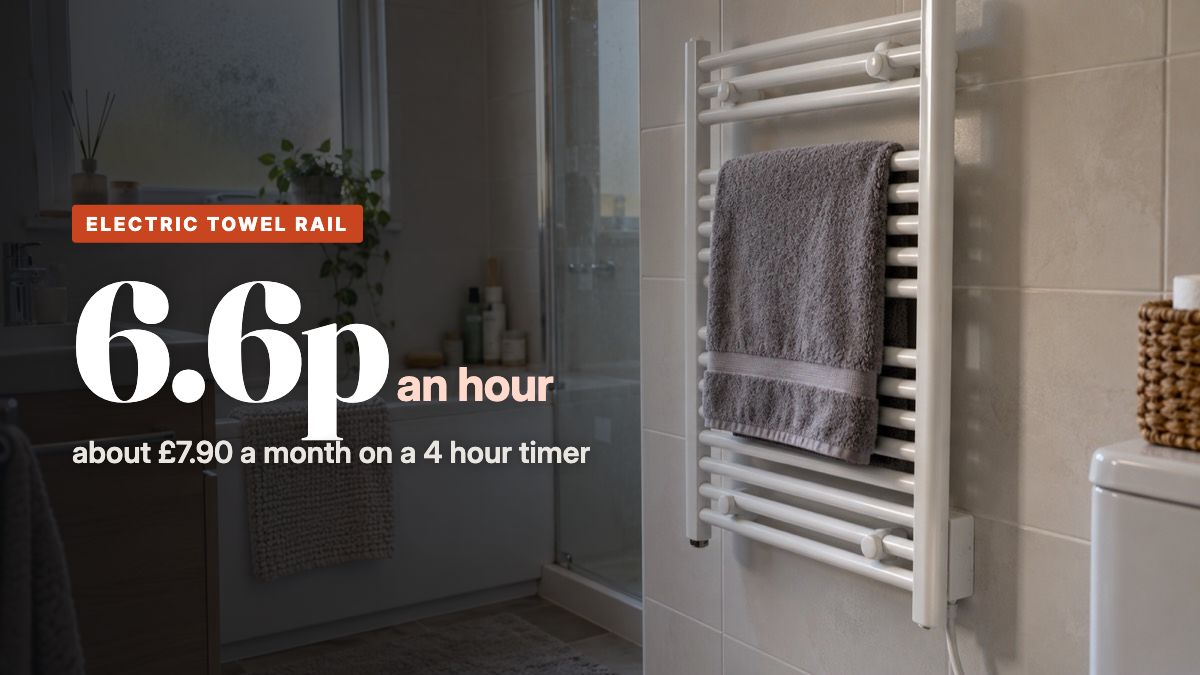 A white electric ladder towel rail with a folded grey towel on a tiled wall in a UK bathroom