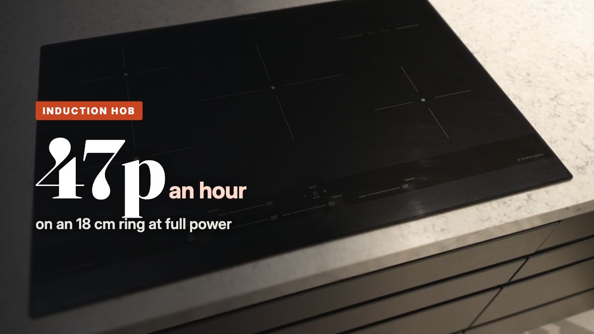A black induction hob set into a pale stone kitchen worktop