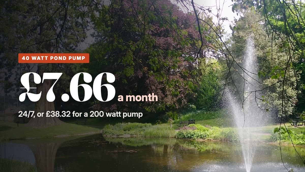 A fountain pump spraying water in a garden pond surrounded by trees